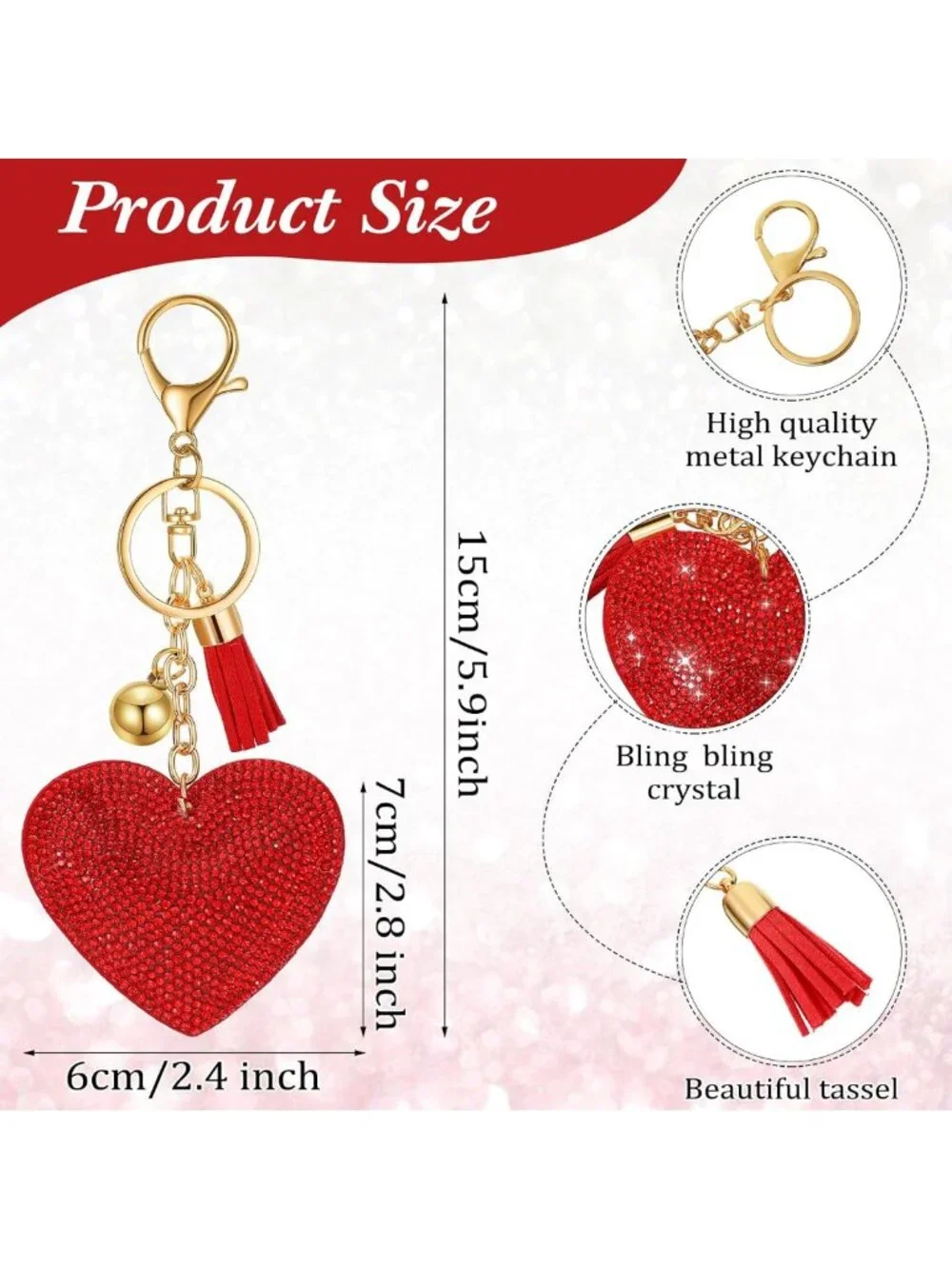 12 Valentine's Day Heart Keychains - Rhinestone Glitter Bling Tassel Gifts